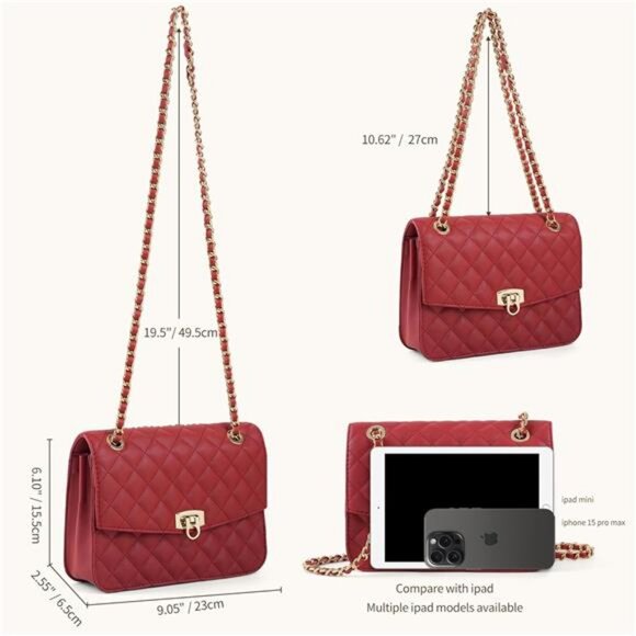 Quilted Crossbody Bags For Women, Red - Picture 3 of 6